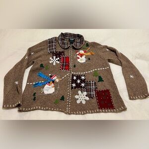 Designers Original Studio Ugly Christmas Cardigan With Plaid Collar Size L